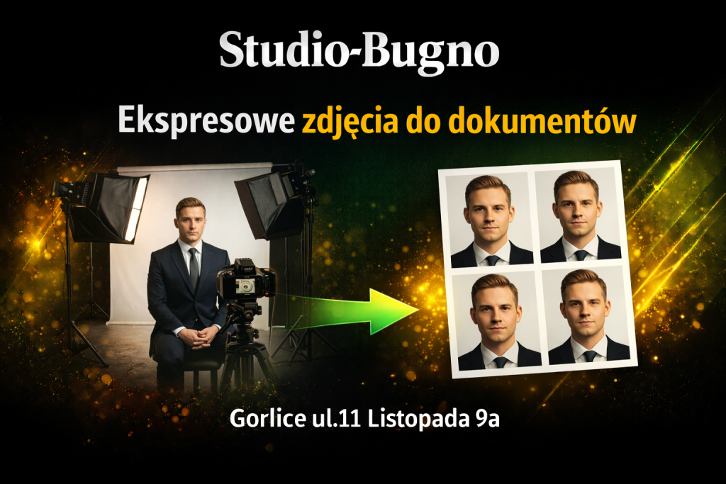 Studio Bugno Gorlice – ekspresowe zdjęcia do dokumentów (dowód, paszport, prawo jazdy). Profesjonalne zdjęcie w studio i odbitki gotowe od ręki. Ul. 11 Listopada 9a.